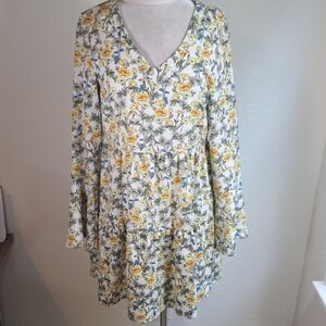 Altar’d State Dress Boho Mini Tiers Yellow Green Cream Floral Bell Sleeves Small